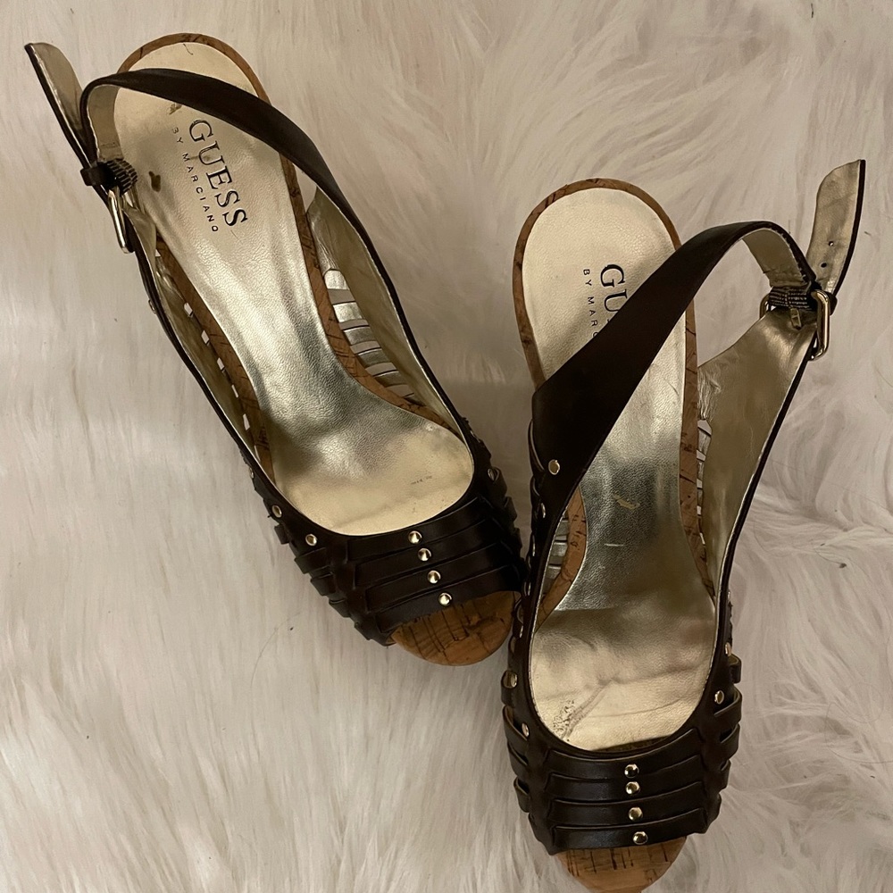 Guess, Brown, Chunky Heel, Sandal, Cork Bottom, Size 8.5